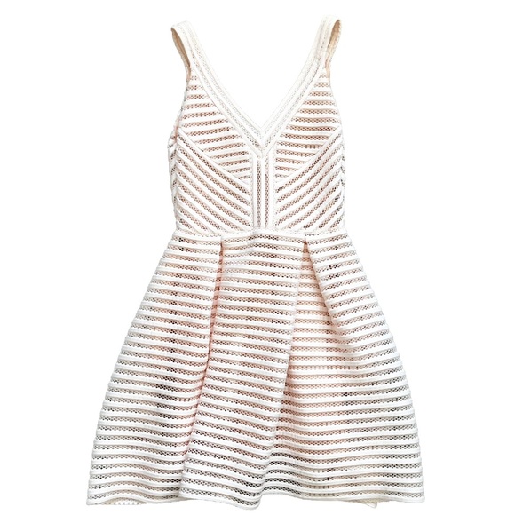 MAJE Pink Rayure Mesh-Striped Jersey Mini Dress Size 2 Skater Feminine Dainty - Picture 3 of 13